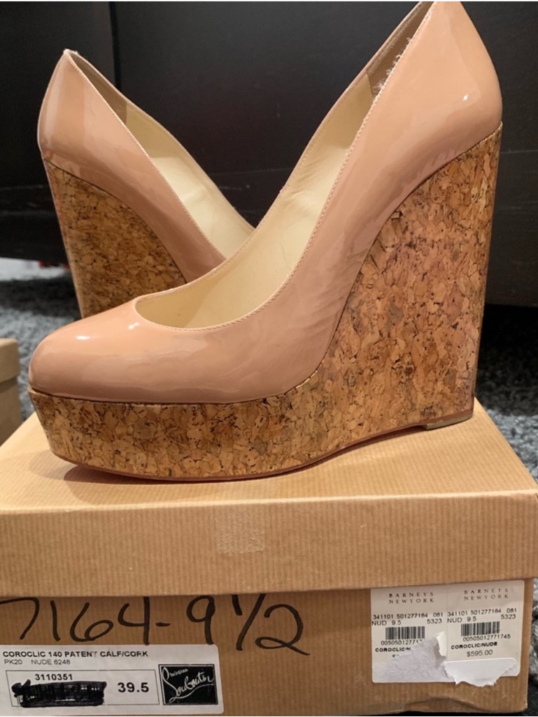 Christian Louboutin Nude Patent Cork Wedge Pumps